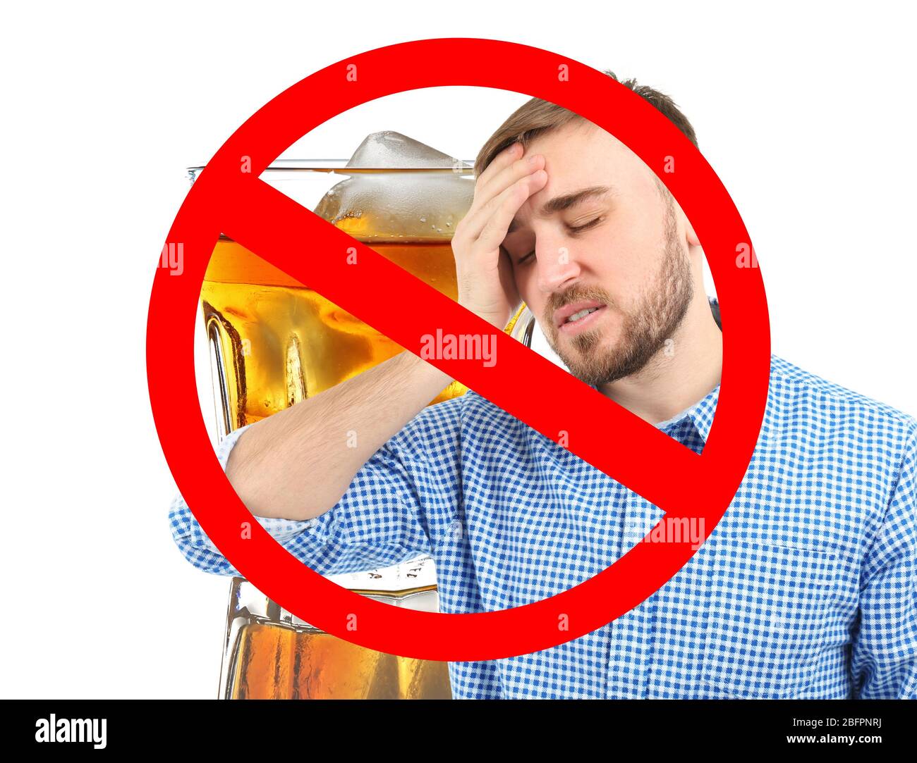 Collage of alcohol drink in glass, young man with headache and STOP sign on white background Stock Photo