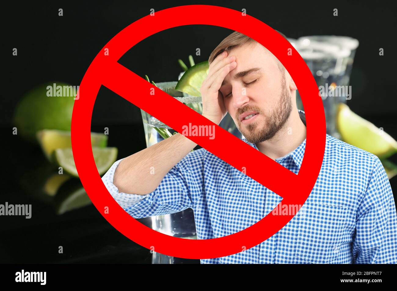Collage of alcohol drink in glass, young man with headache and STOP sign on black background Stock Photo
