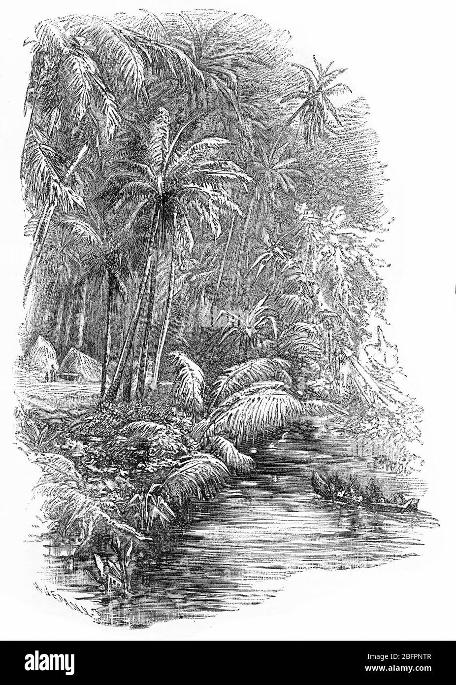 Engraving of a native canoe navigating a river in Northern New Guinea Stock Photo