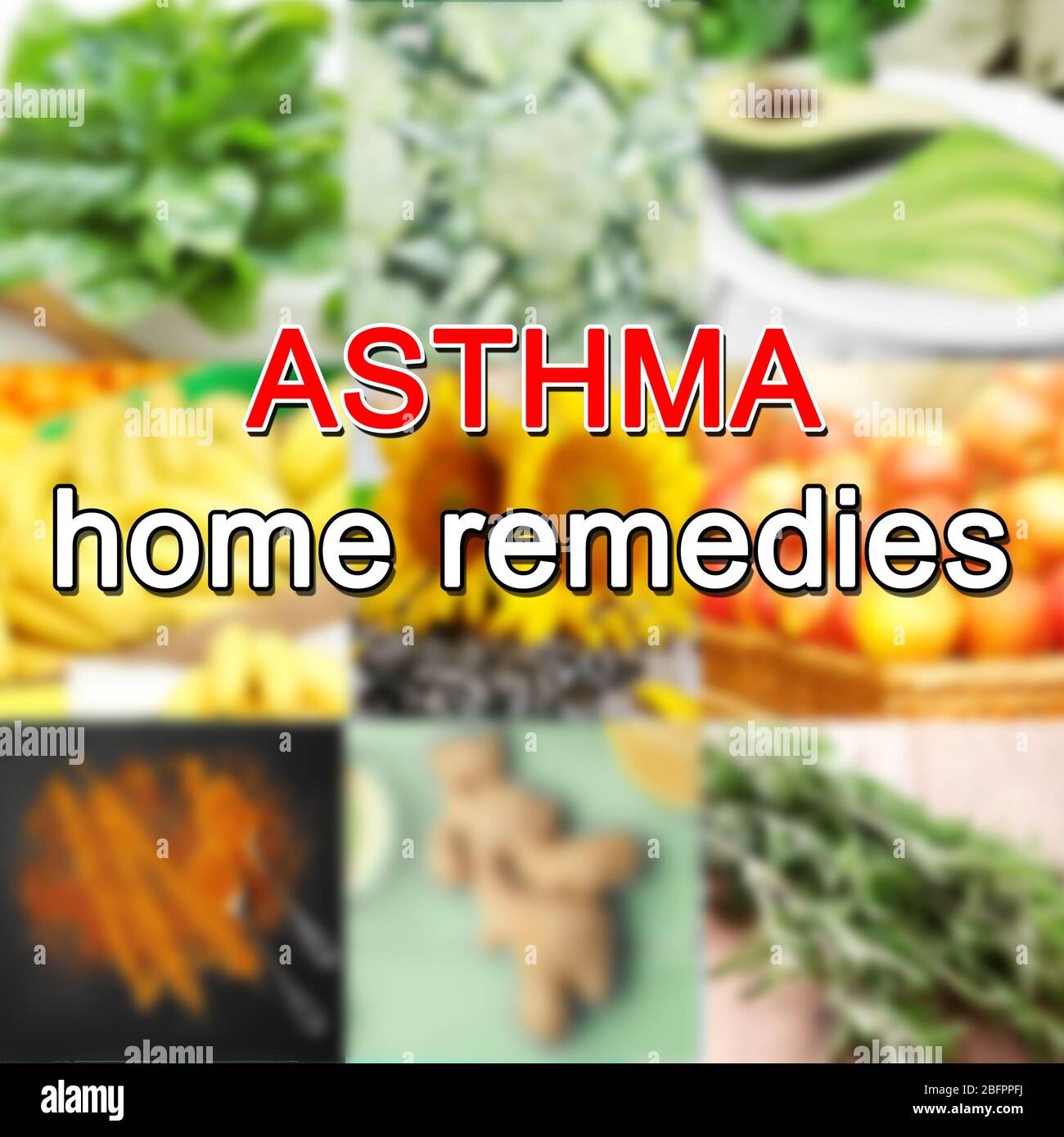 Text ASTHMA HOME REMEDIES on blurred background Stock Photo
