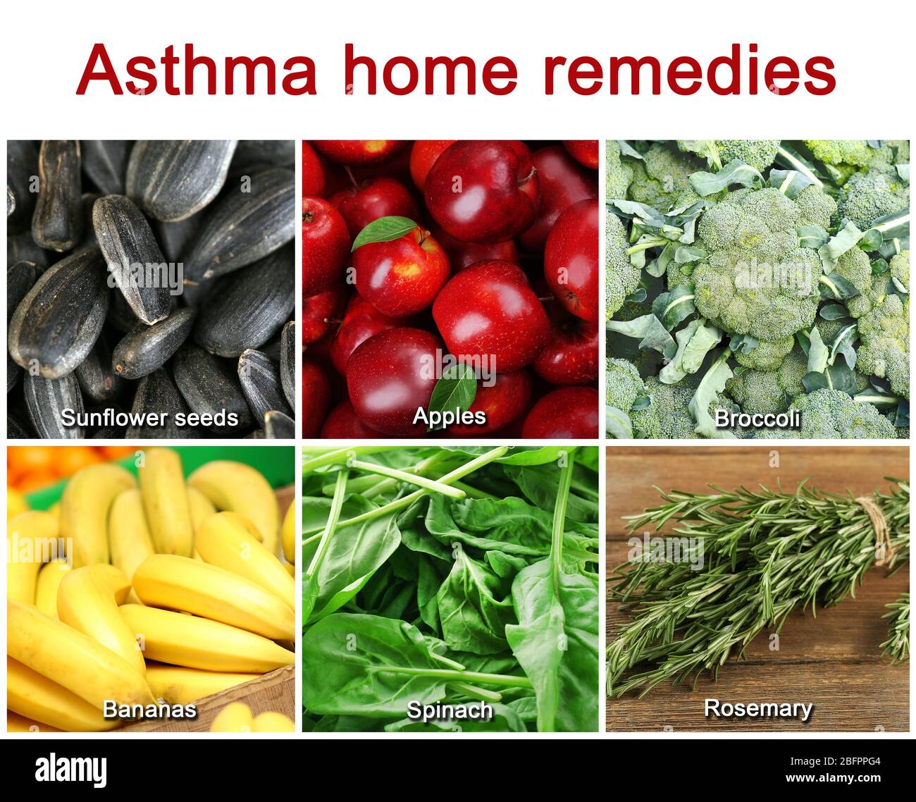 Text ASTHMA HOME REMEDIES and collage of healthy products Stock Photo