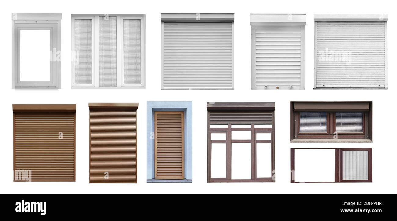 Windows with different types of shades on white background Stock Photo