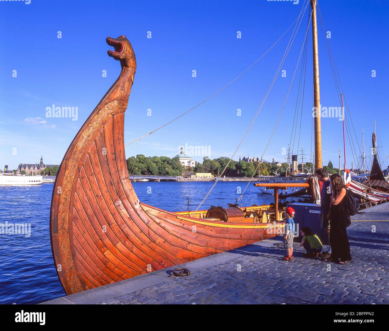 Replica viking ship berthed in harbour, Gamla Stan (Old Town), Stadsholmen, Stockholm, Kingdom of Sweden Stock Photo
