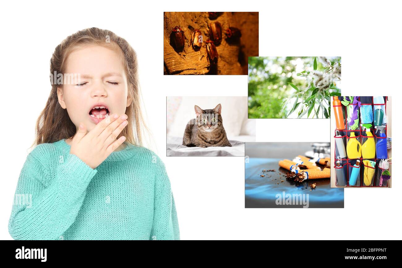 Little girl suffering from allergy and causes on white background. Health care concept Stock Photo