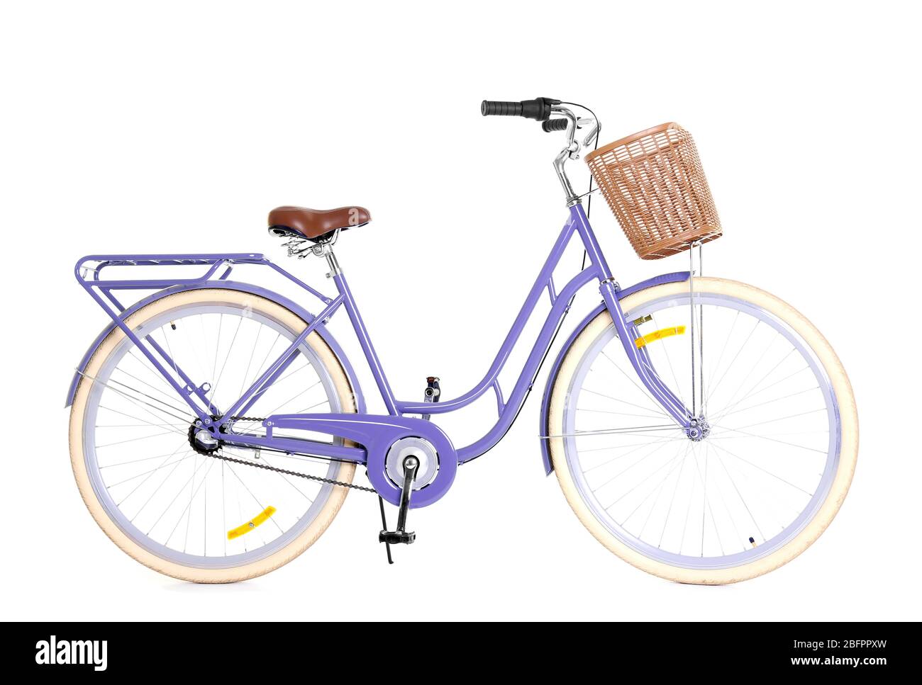 Modern bicycle with basket on white background Stock Photo - Alamy