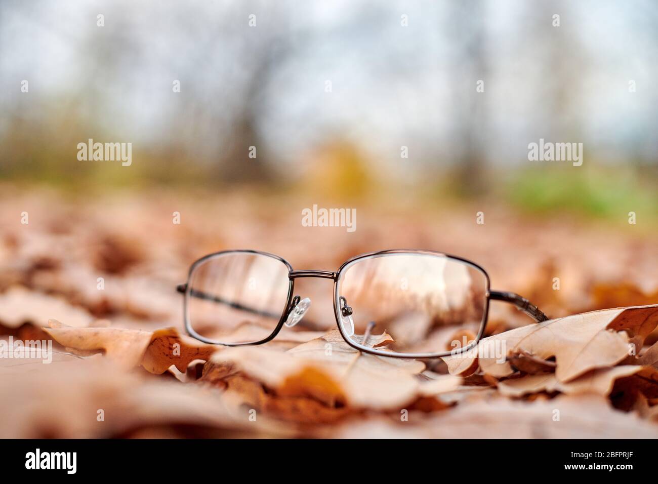 Glasses on autumn foliage. Autumn vision loss concept. Vitamin deficiency with age Stock Photo