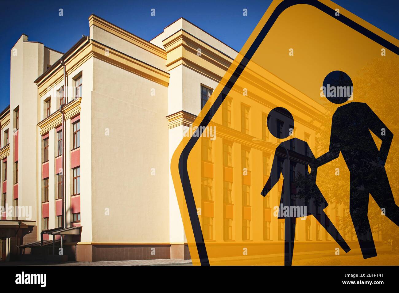 Teacher and pupils crossing road Stock Photo - Alamy