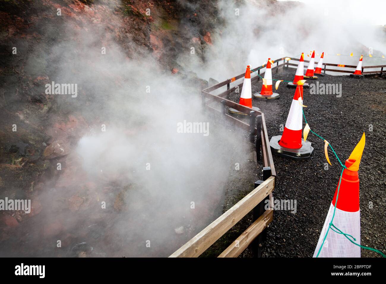 Steam rises off the Deildartunguhver thermal spring in winter, Borgarnes, Iceland, Polar Regions Stock Photo