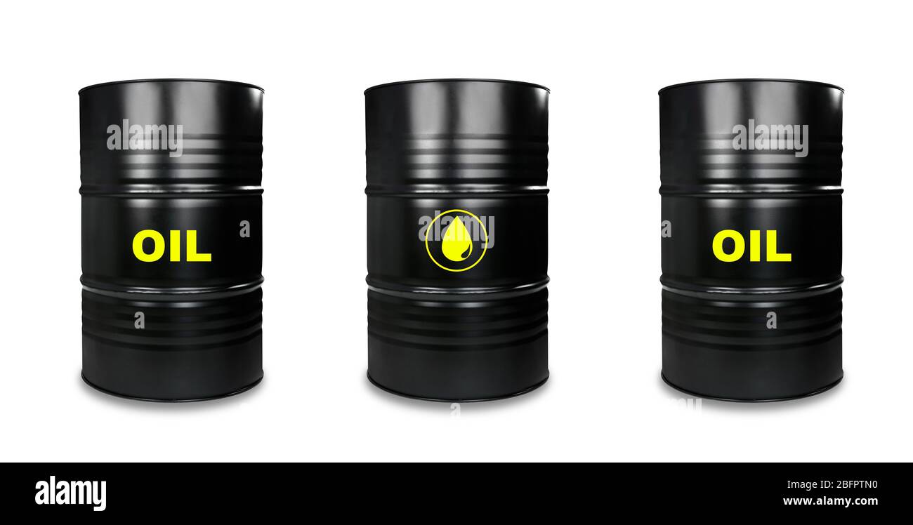 Black oil barrels on white background Stock Photo