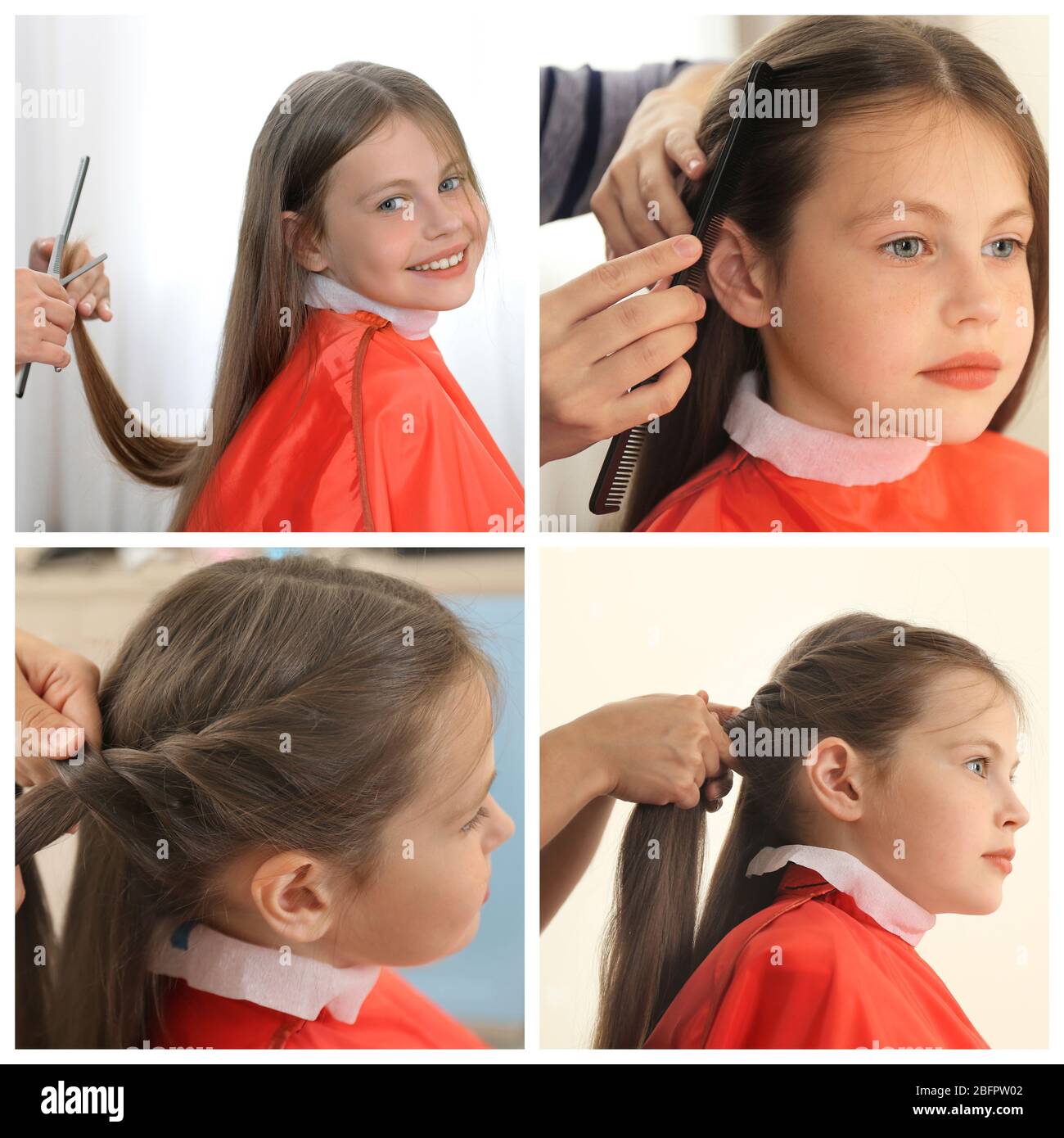 Collage of little girl having hair cut at barbershop Stock Photo