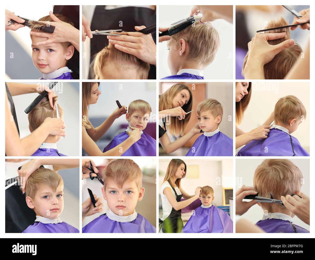 Collage of little boy having hair cut at barbershop Stock Photo