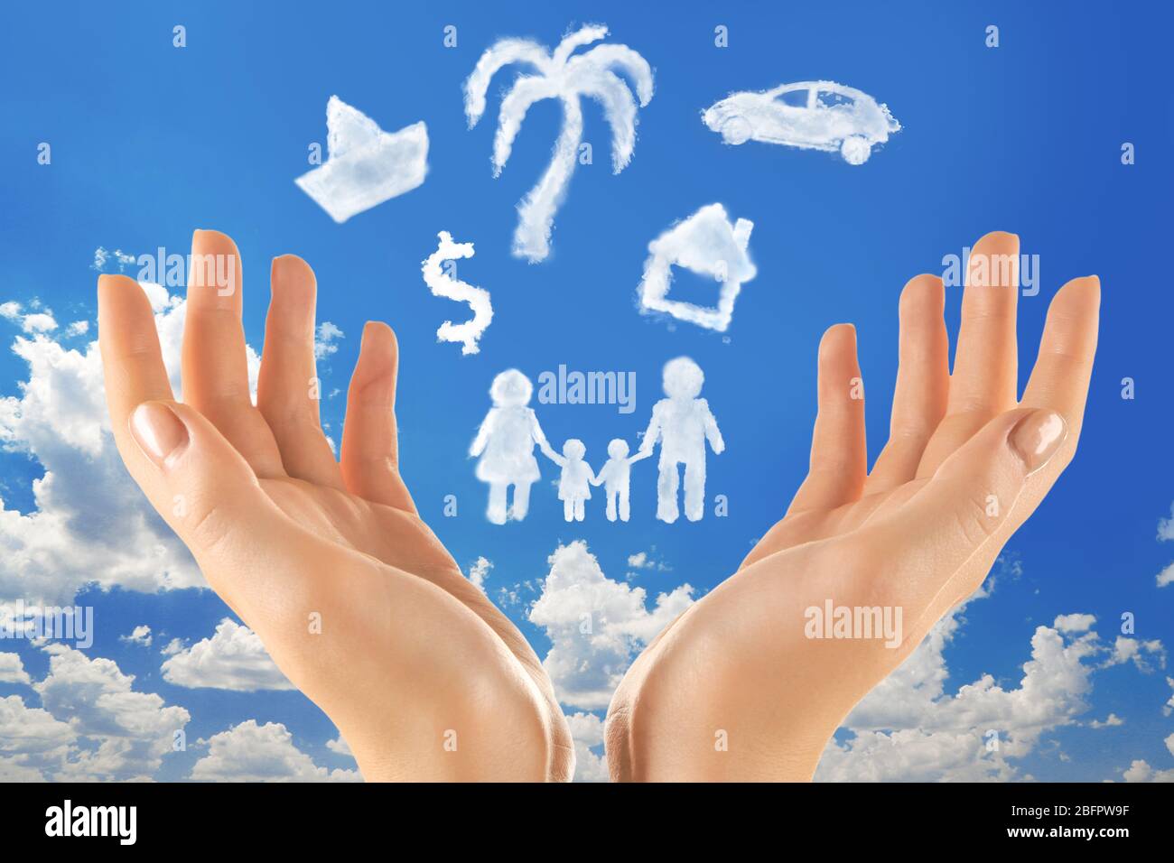 Female hands and clouds of different shapes on sky background Stock ...