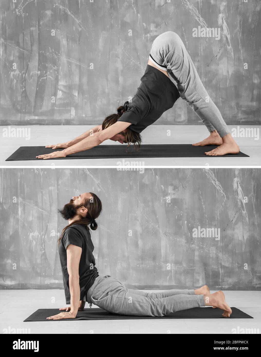Collage of man doing different yoga poses on grunge wall background Stock  Photo - Alamy