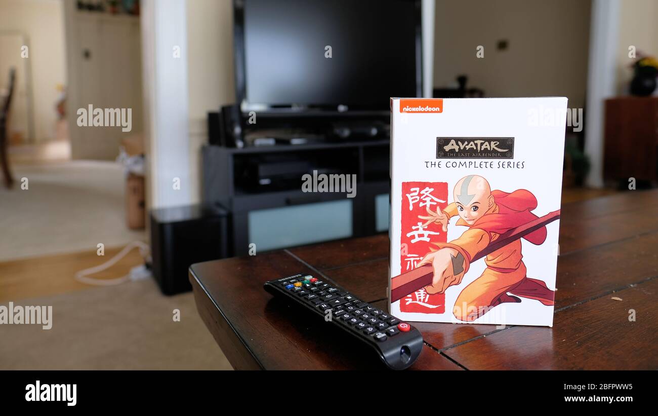 DVD box set of Nickelodeon's 'Avatar - The Last Airbender: The Complete Series' animated television show released in 2015 on a living room at home. Stock Photo