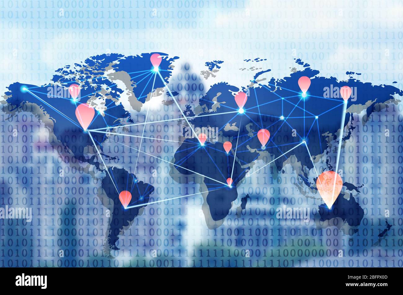 World map with social network on blurred cityscape background Stock Photo