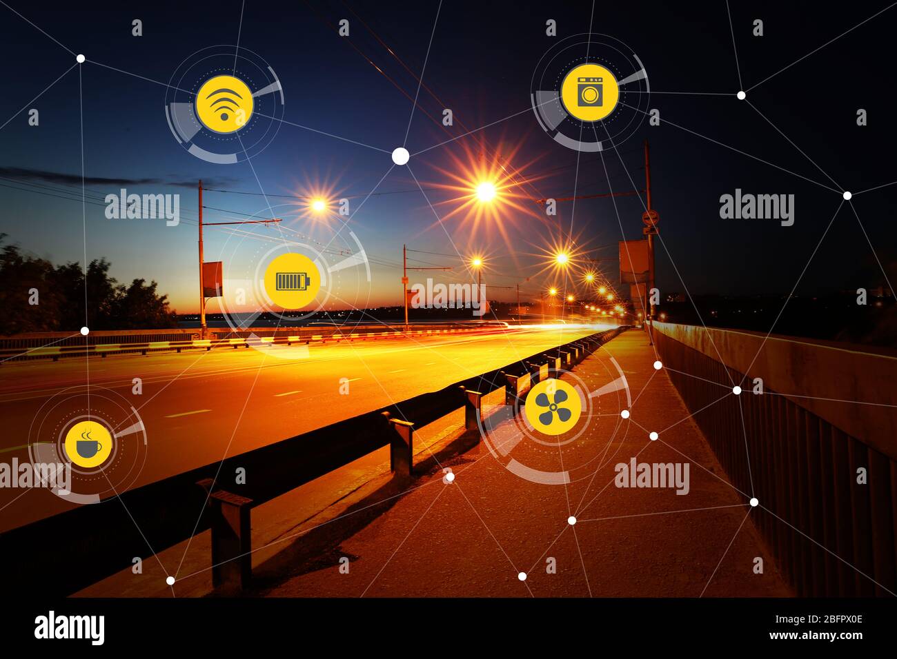 Smart city network and bridge on background. Modern technology concept ...