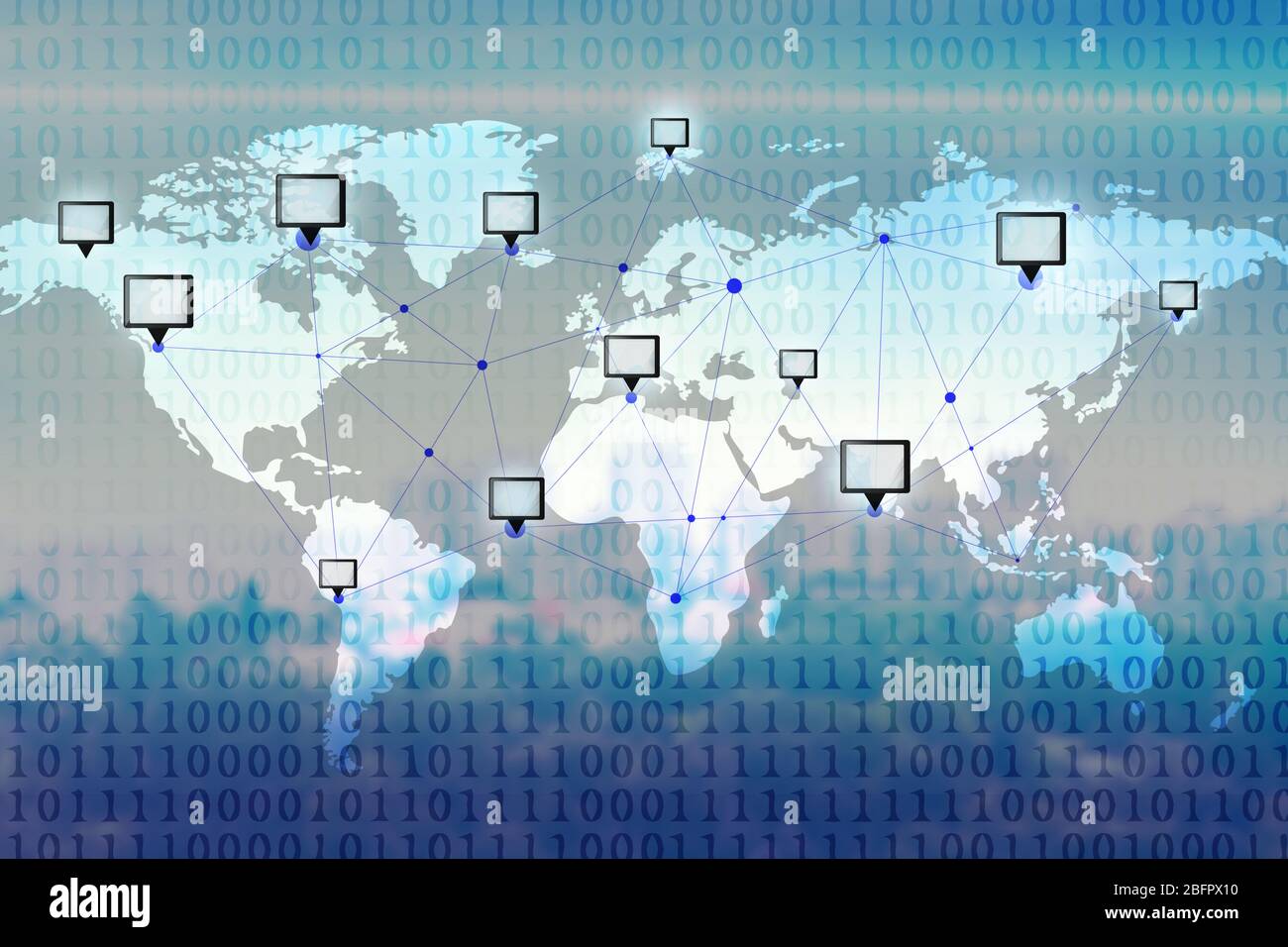 World map with social network on blurred cityscape background Stock Photo