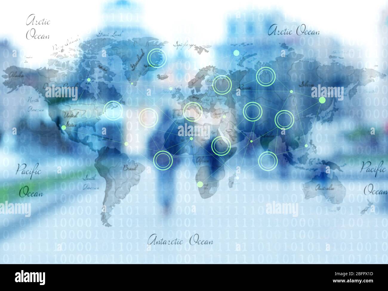 World map with social network on blurred cityscape background Stock Photo