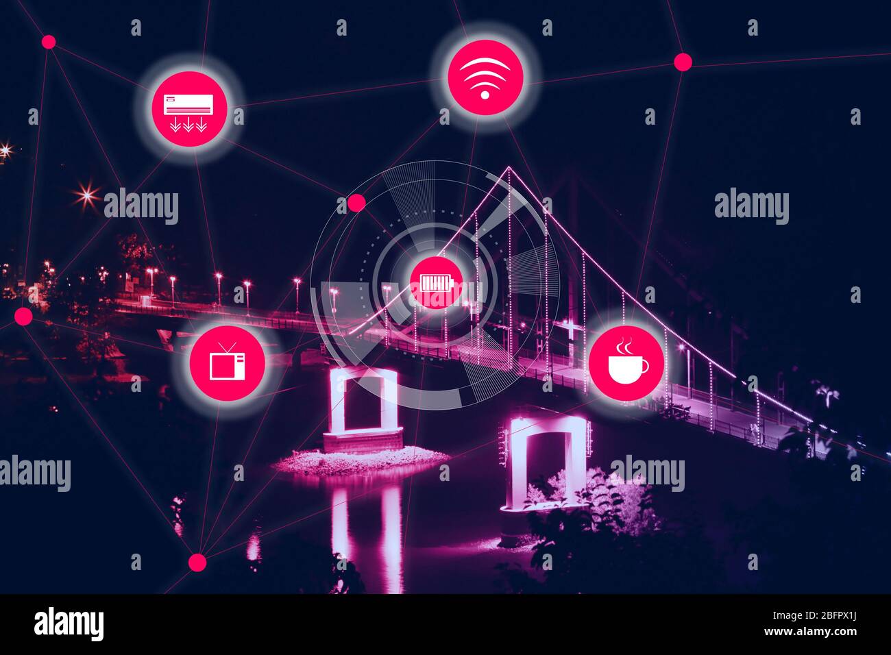 Smart city network and bridge on background. Modern technology concept ...