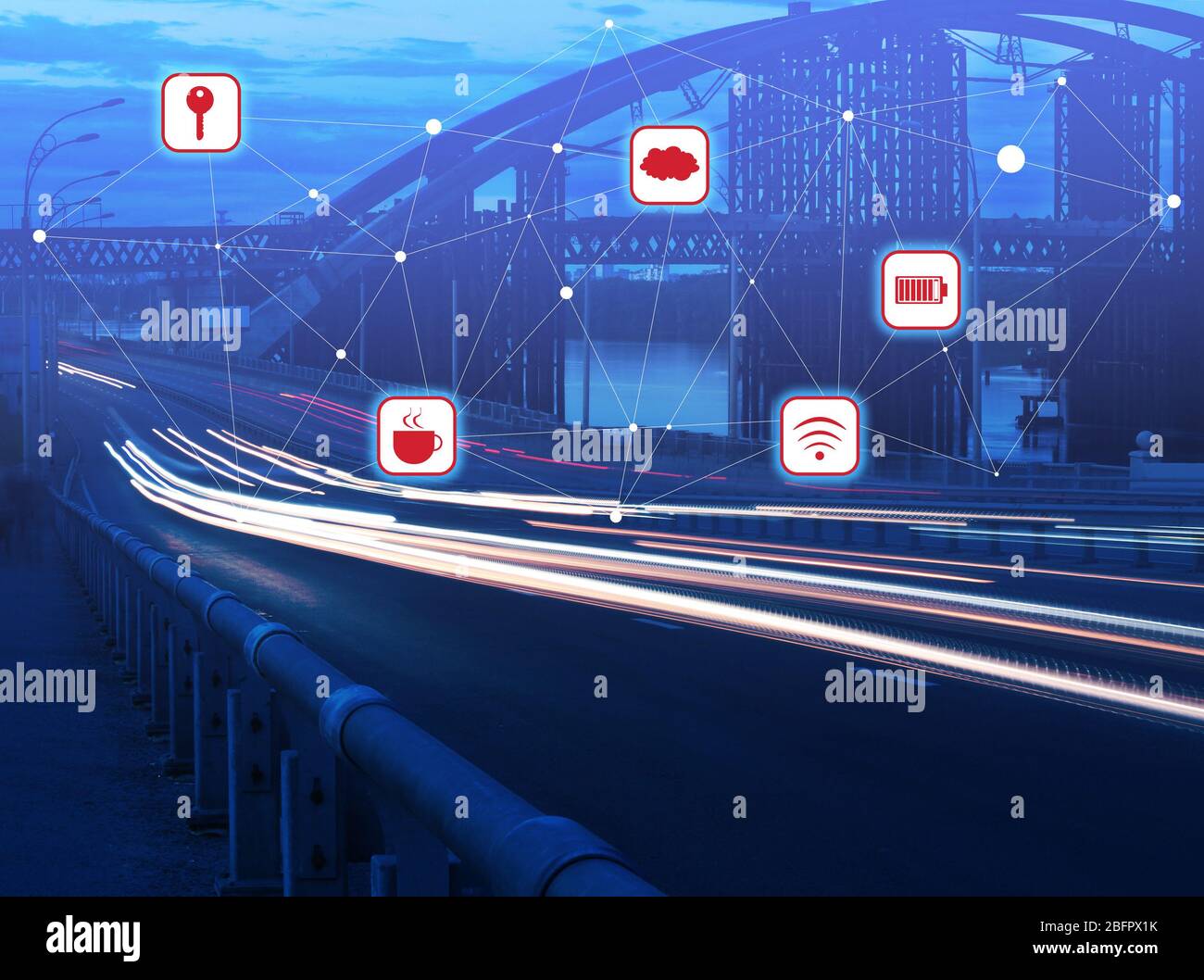 Smart city network and bridge on background. Modern technology concept Stock Photo