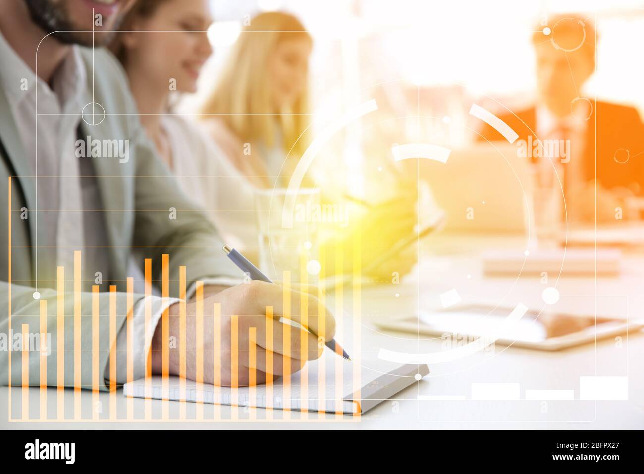 Man making notes in notebook at business presentation. Management ...