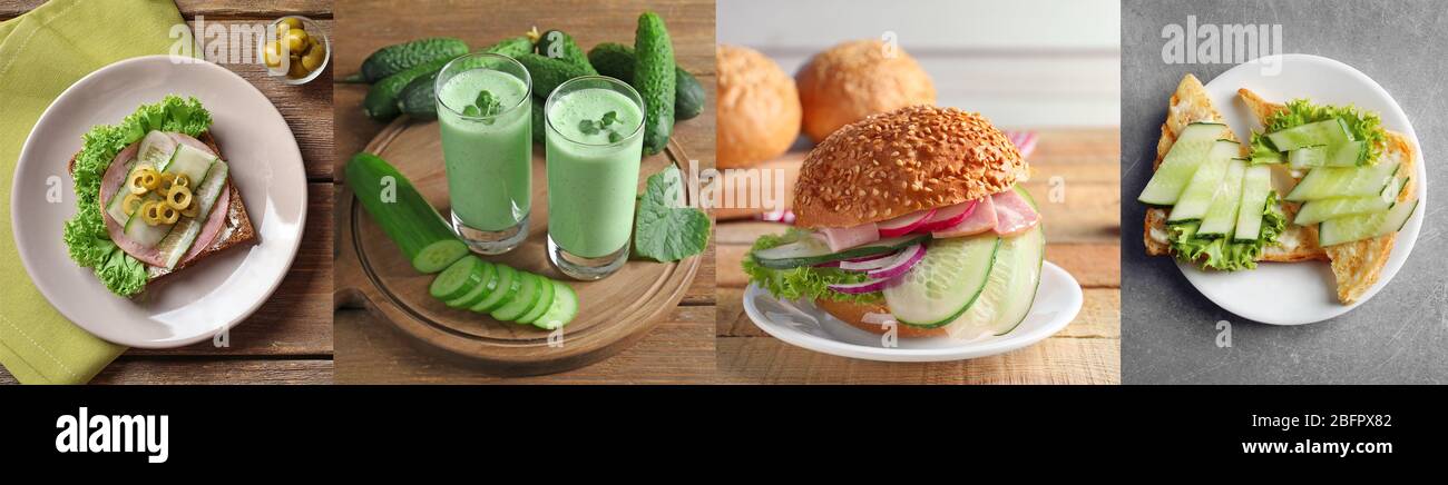 Collage with different ideas of using cucumbers in culinary Stock Photo