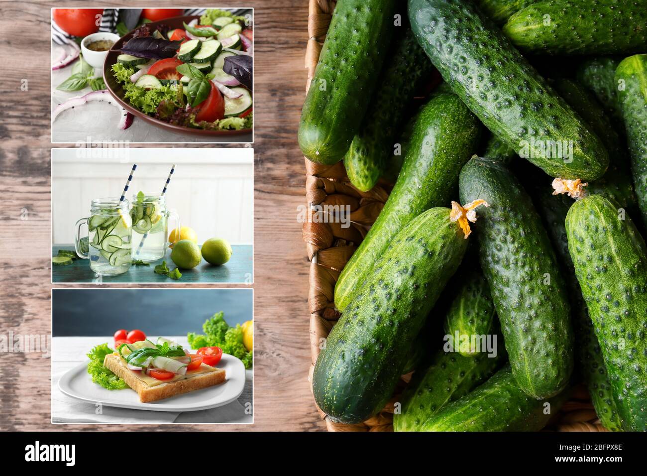 Collage with different ideas of using cucumbers in culinary Stock Photo