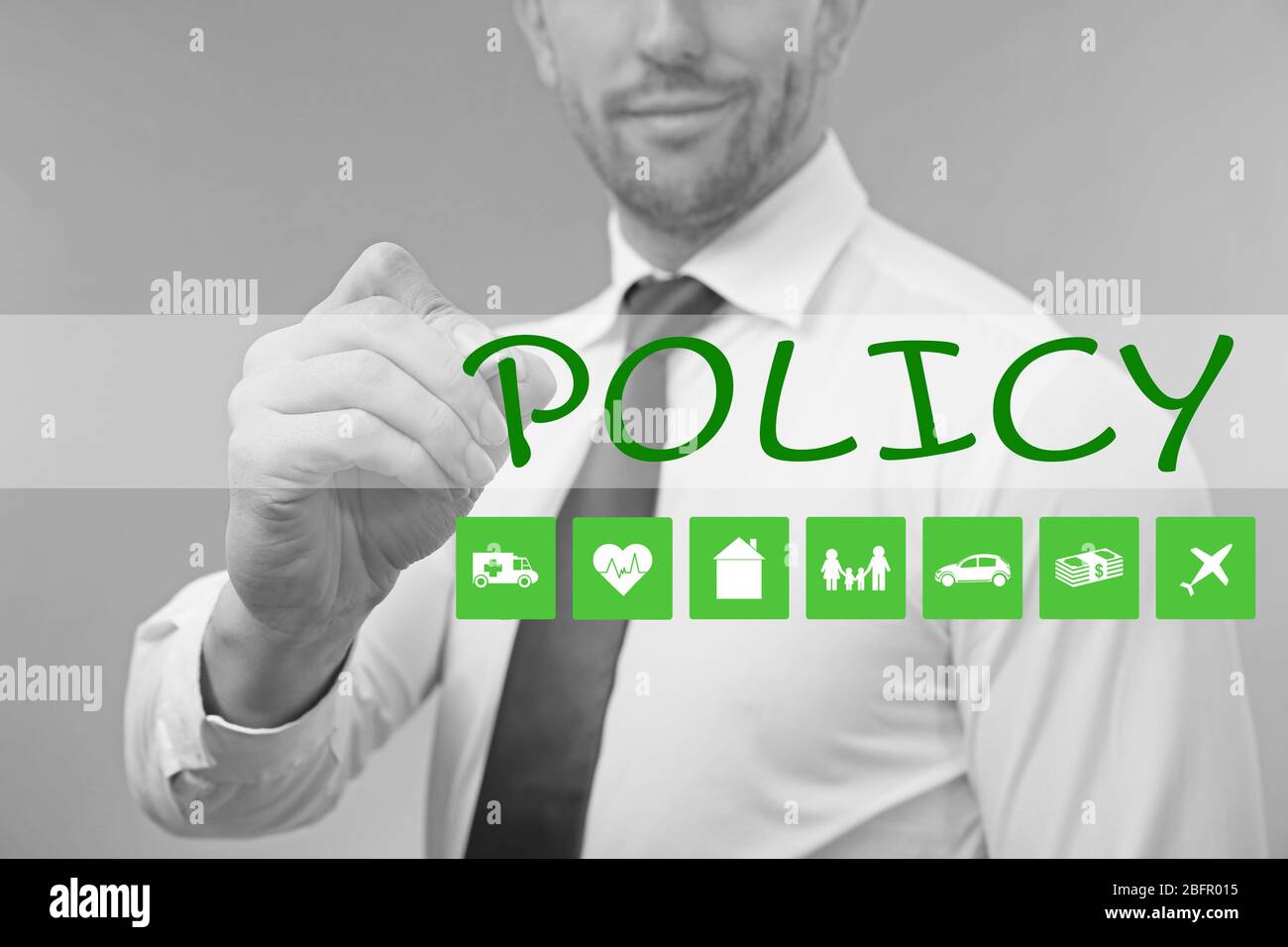 Man working with virtual screen. Concept of insurance policy Stock Photo