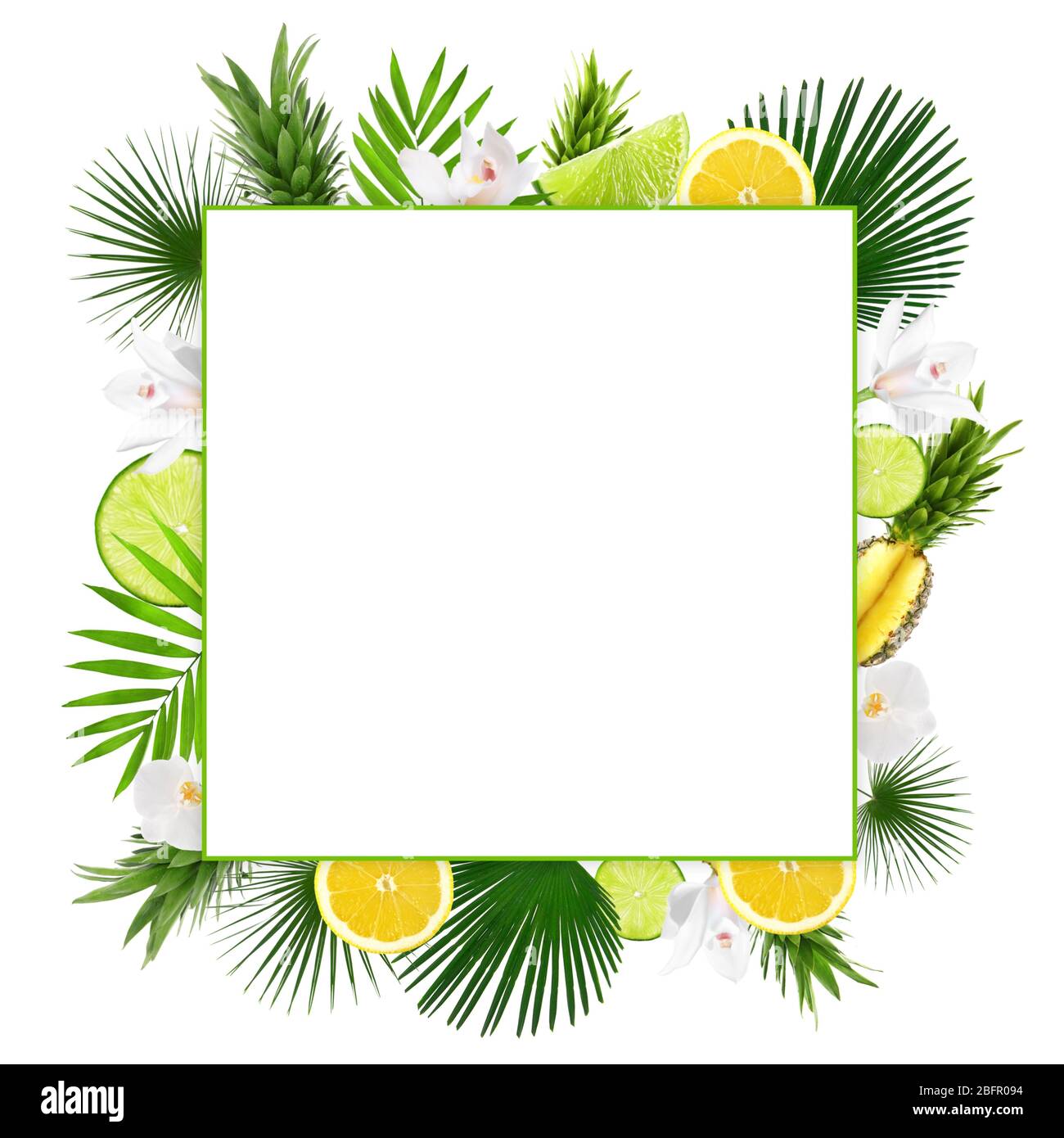 Frame of tropical leaves, sliced fruits and flowers on white background ...