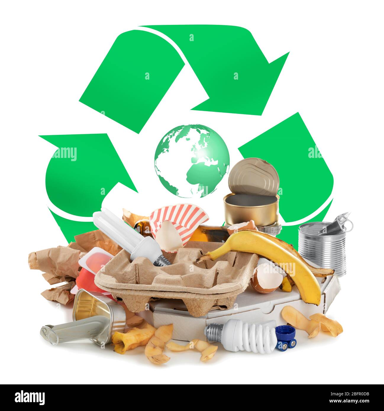 Different types of garbage and recycling sign on white background Stock