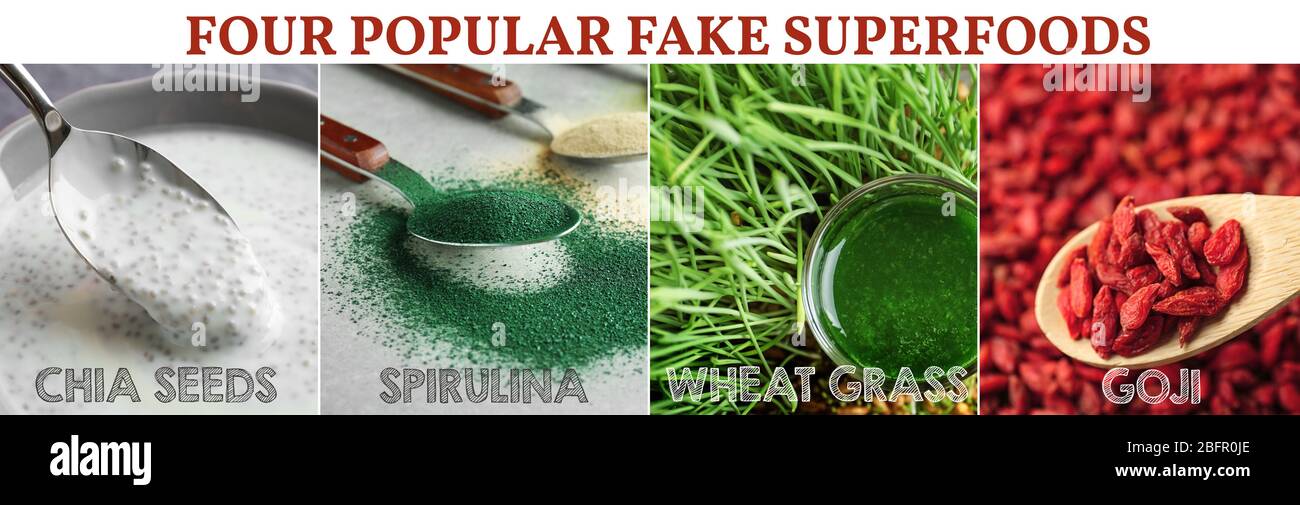 Collage with different fake or real superfoods Stock Photo Alamy