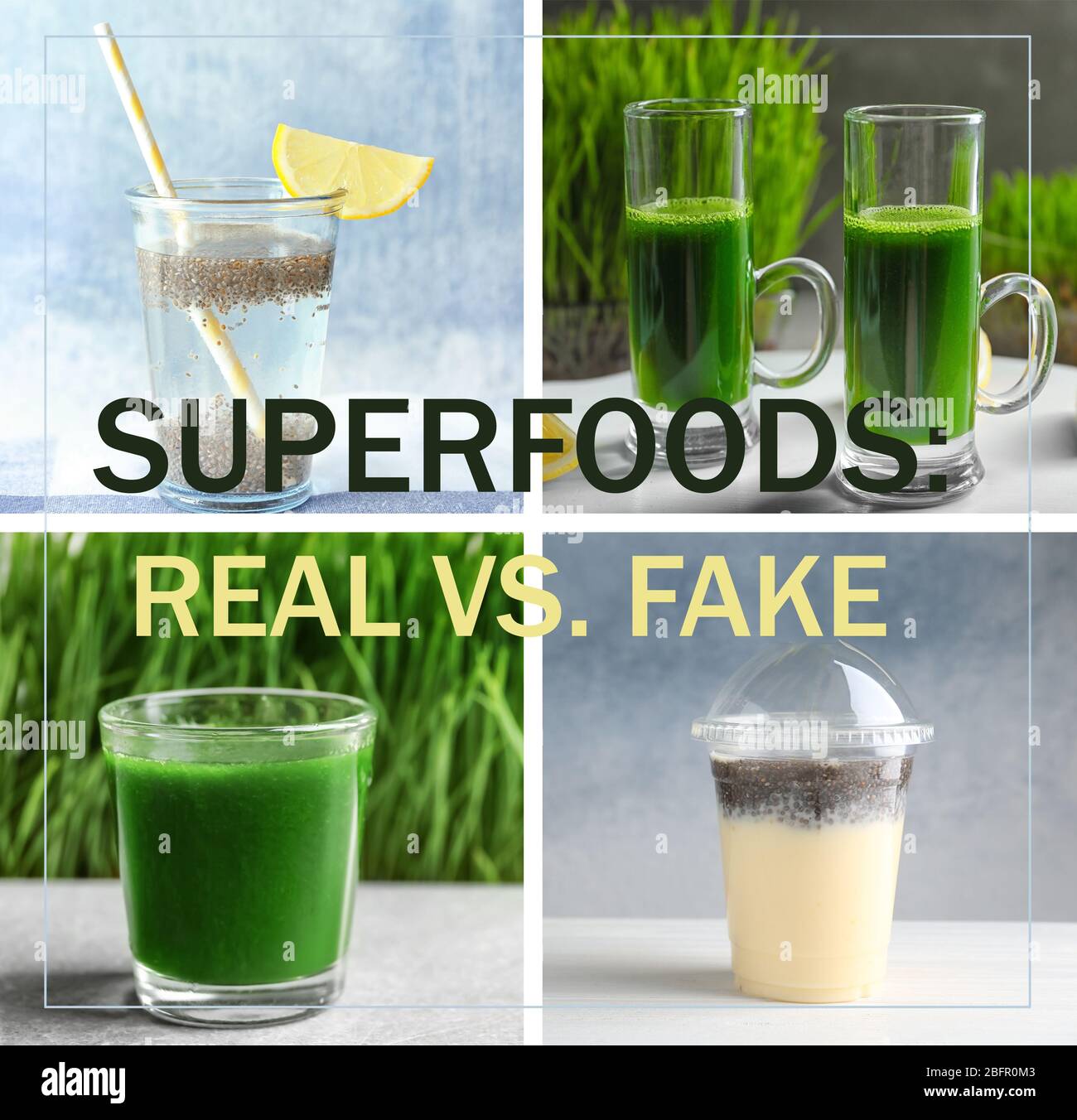 Collage with different fake or real superfoods Stock Photo Alamy