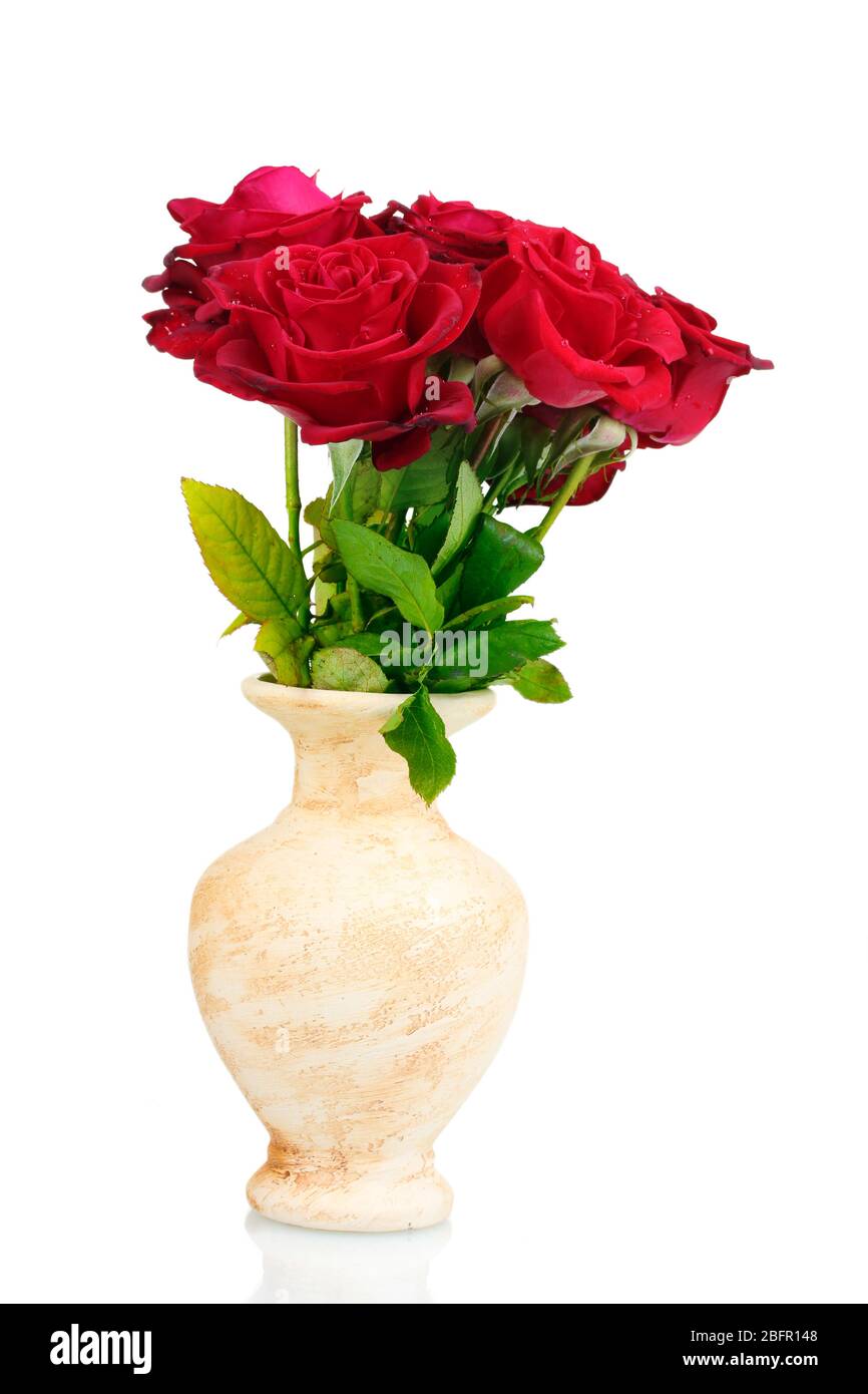 Beautiful red roses in a vase isolated on white Stock Photo Alamy