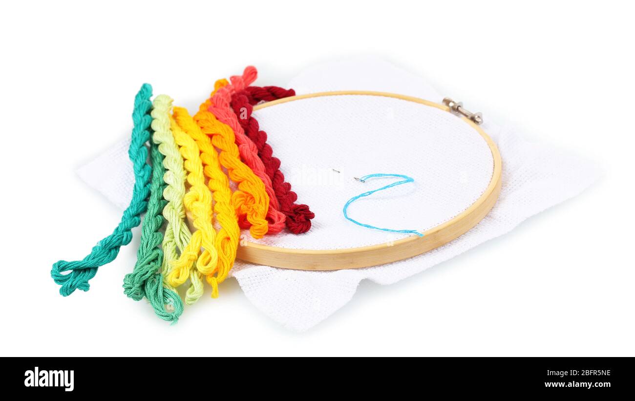 The embroidery hoop with canvas and bright sewing threads for