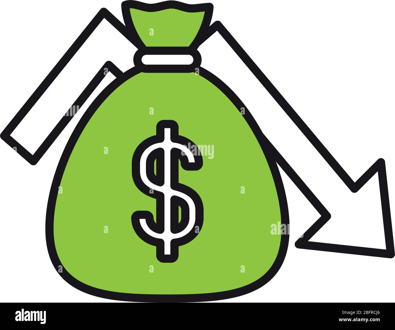 money bag and arrow icon over white background, half line half color ...