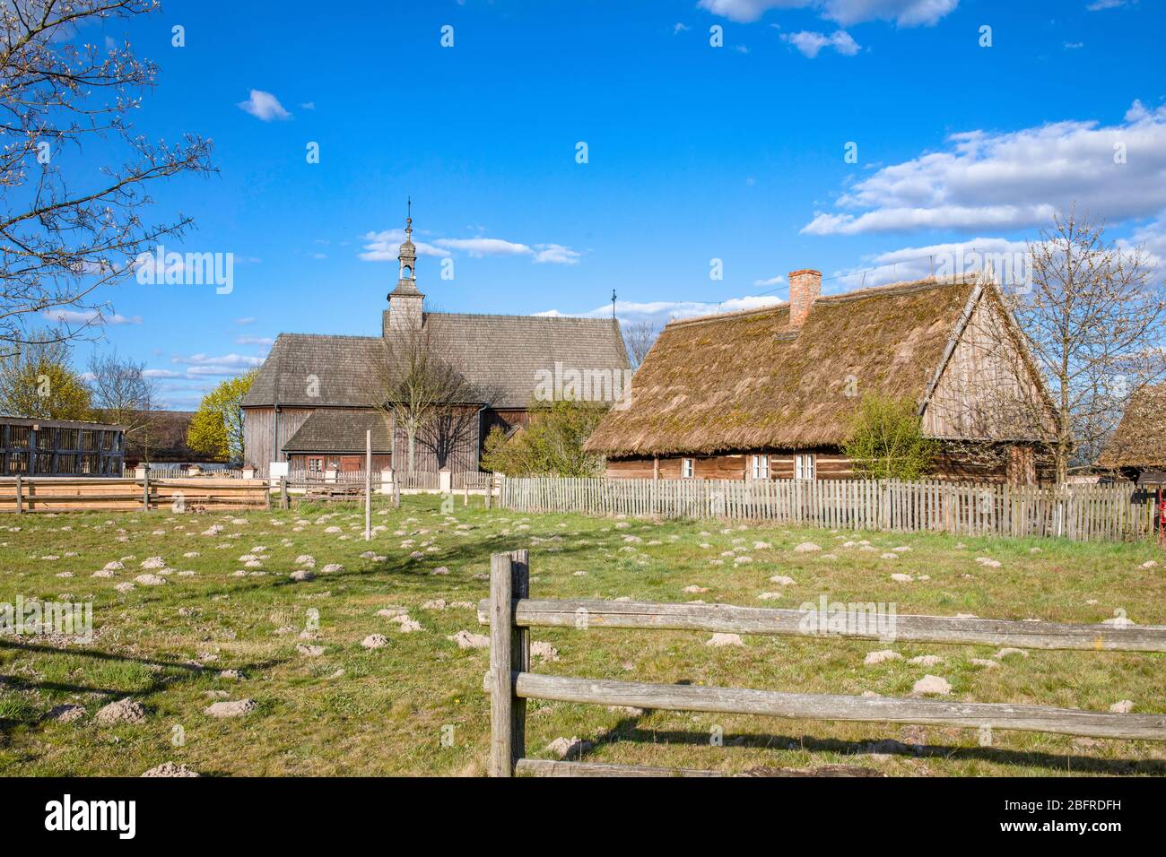 Traditional old polish countryside wooden houses and farmyards. Open