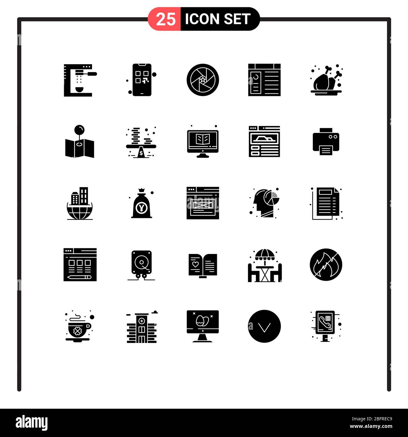 Pack of 25 Modern Solid Glyphs Signs and Symbols for Web Print Media such as website, computer, pay, app, superhero Editable Vector Design Elements Stock Vector