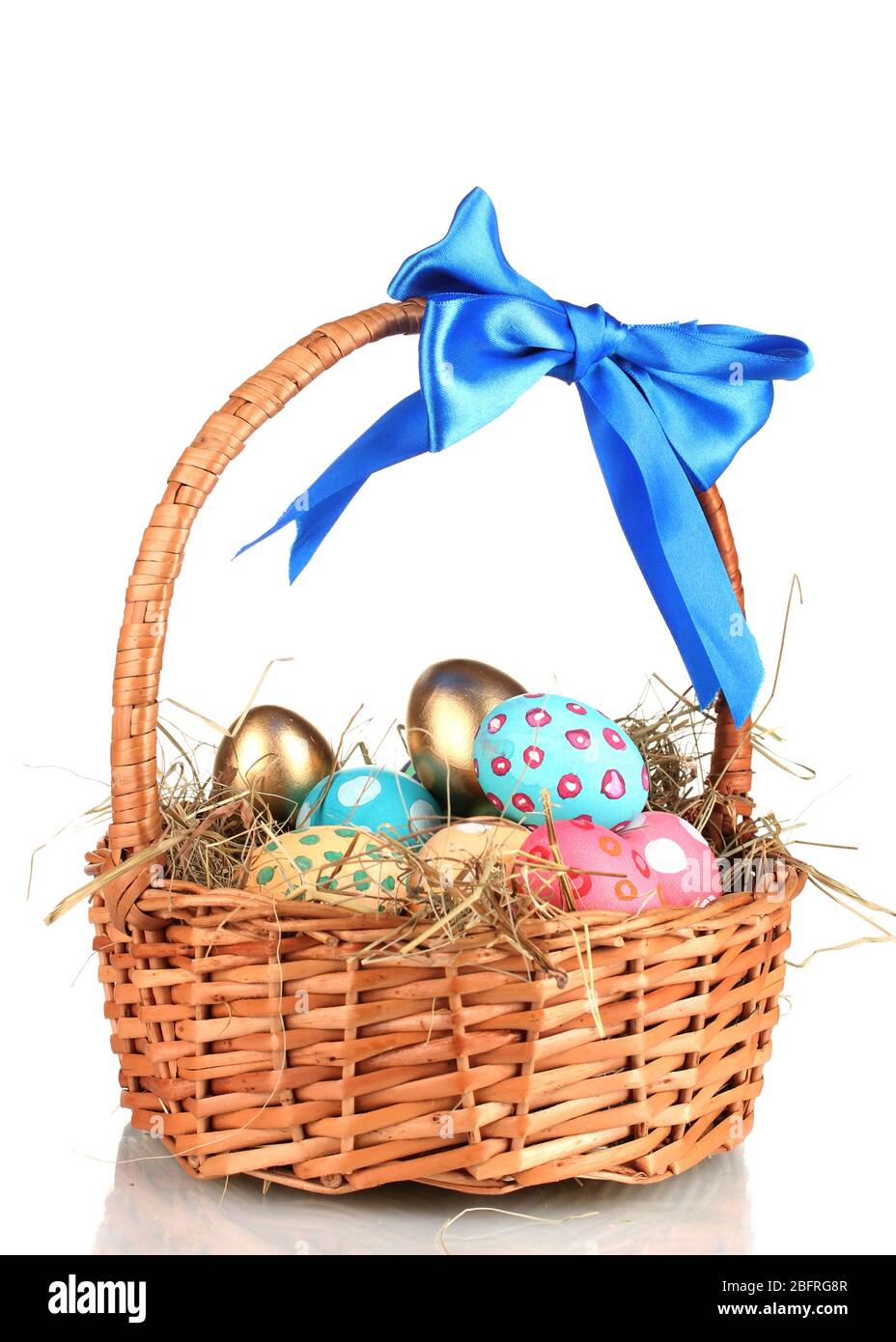 Colorful Easter eggs in the basket with a blue bow isolated on white ...