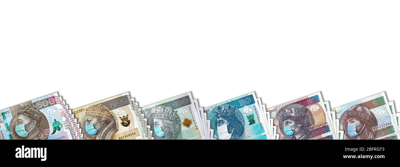 Polish banknotes with face mask against Coronavirus which hit Polish economy causing recession and bankruptcy of thousands of companies. Copy space Stock Photo