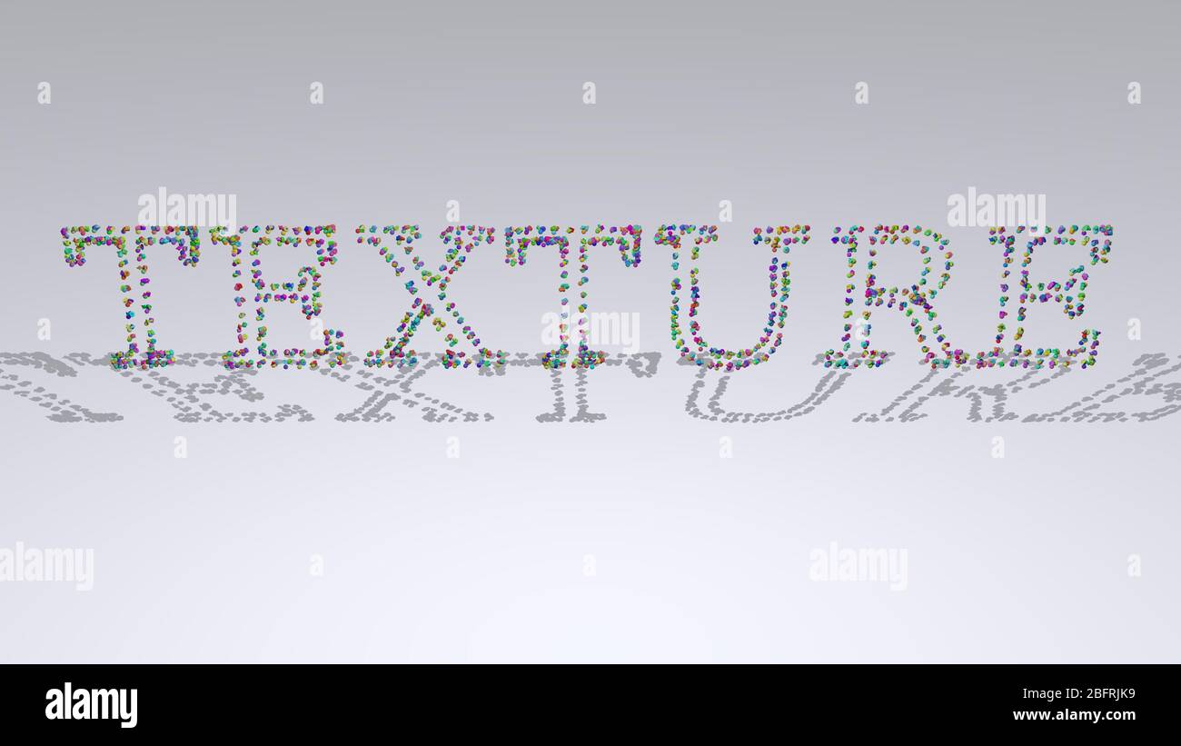 Colorful 3D writting of Texture text with small objects over a white ...