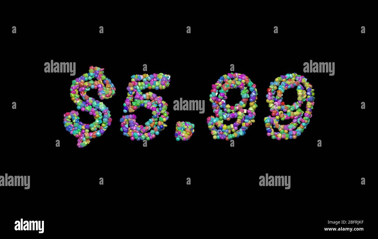 Colorful 3D writting of $5.99 text with small objects over a dark ...