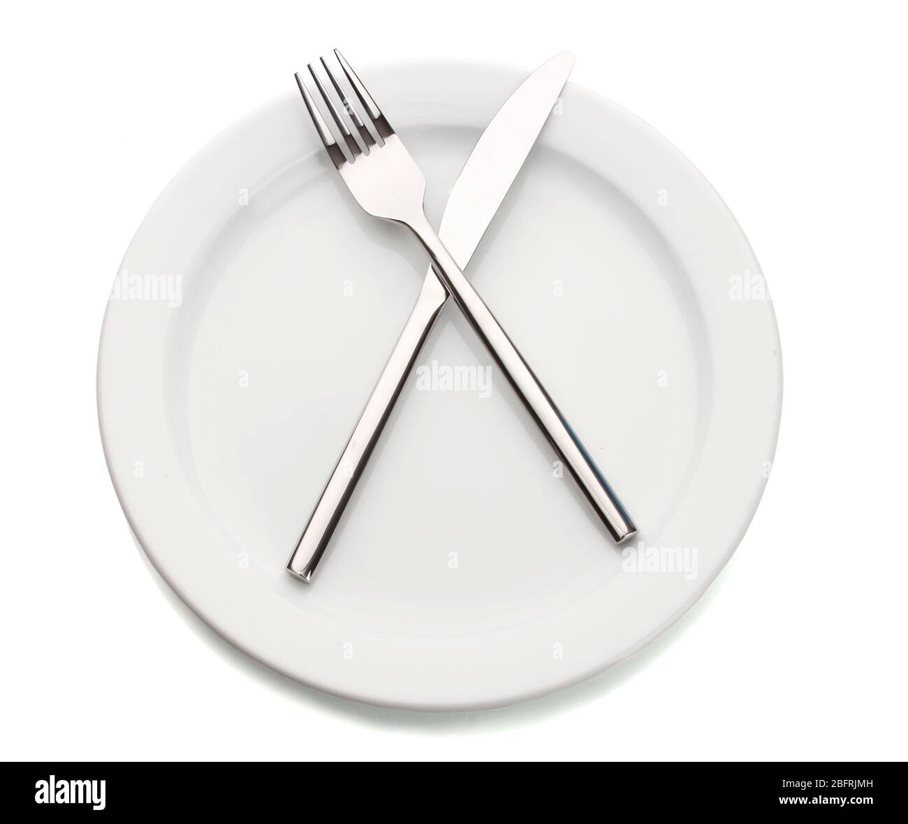 White empty plate with fork and knife isolated on white Stock Photo - Alamy