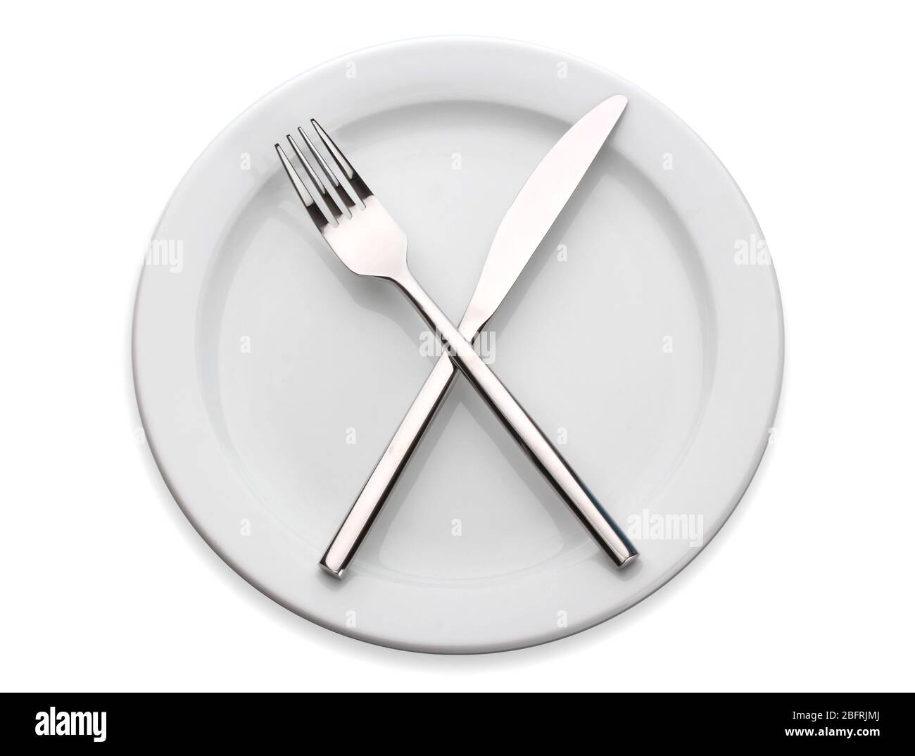 White empty plate with fork and knife isolated on white Stock Photo - Alamy