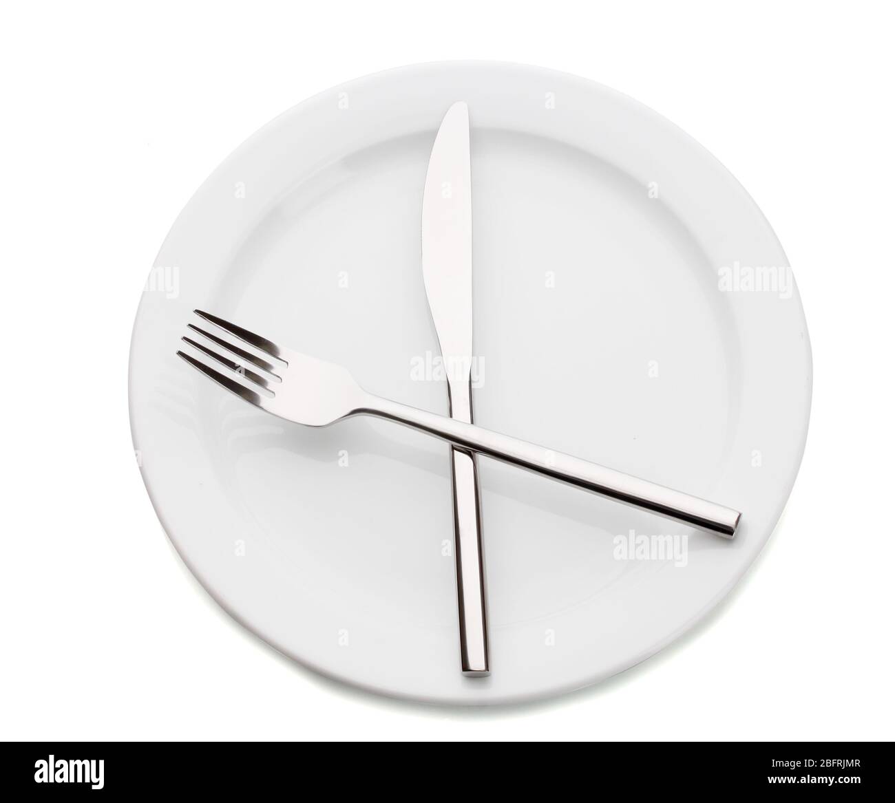 White empty plate with fork and knife isolated on white Stock Photo - Alamy