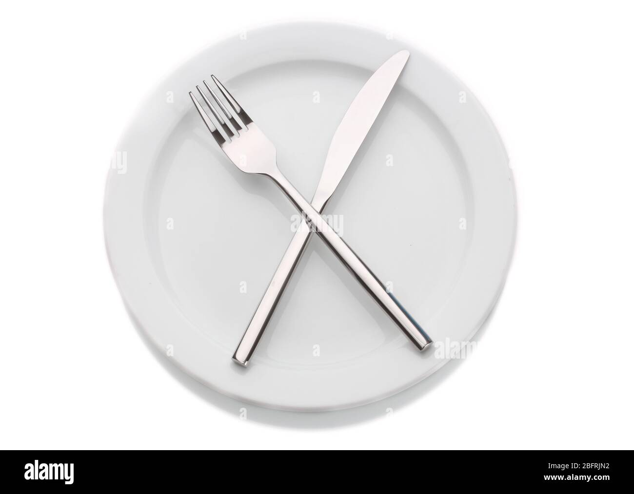 White empty plate with fork and knife isolated on white Stock Photo - Alamy