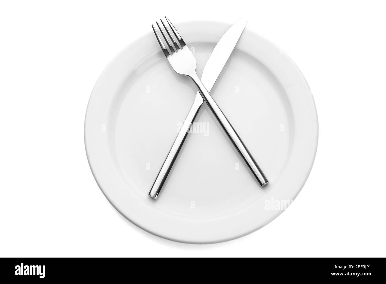 White empty plate with fork and knife isolated on white Stock Photo - Alamy
