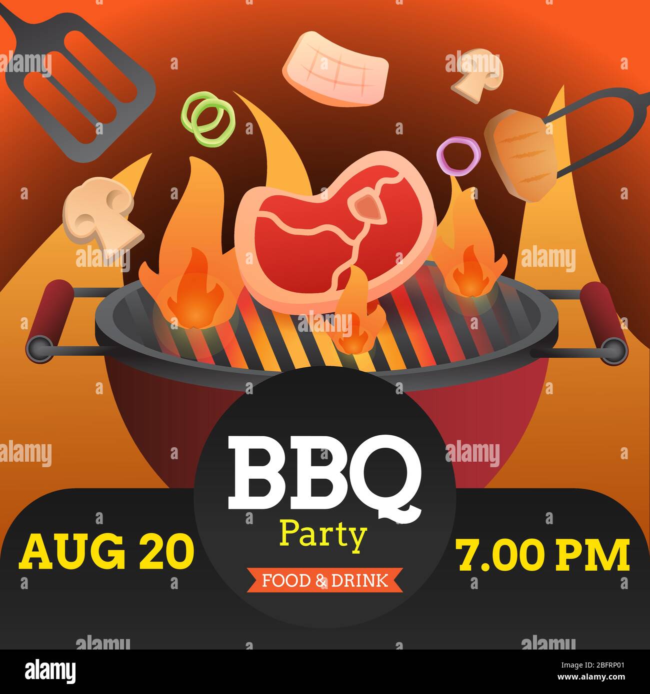 BBQ party invitation ,card or poster template with grill and food flyer vector flat style illustration. Stock Vector