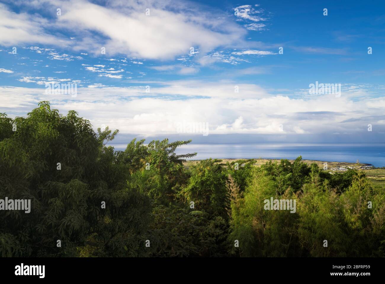 This stunning view of the Pacific Ocean and Honokohau Harbor below from atop the Kona Highlands on the Big Island of Hawaii. Stock Photo
