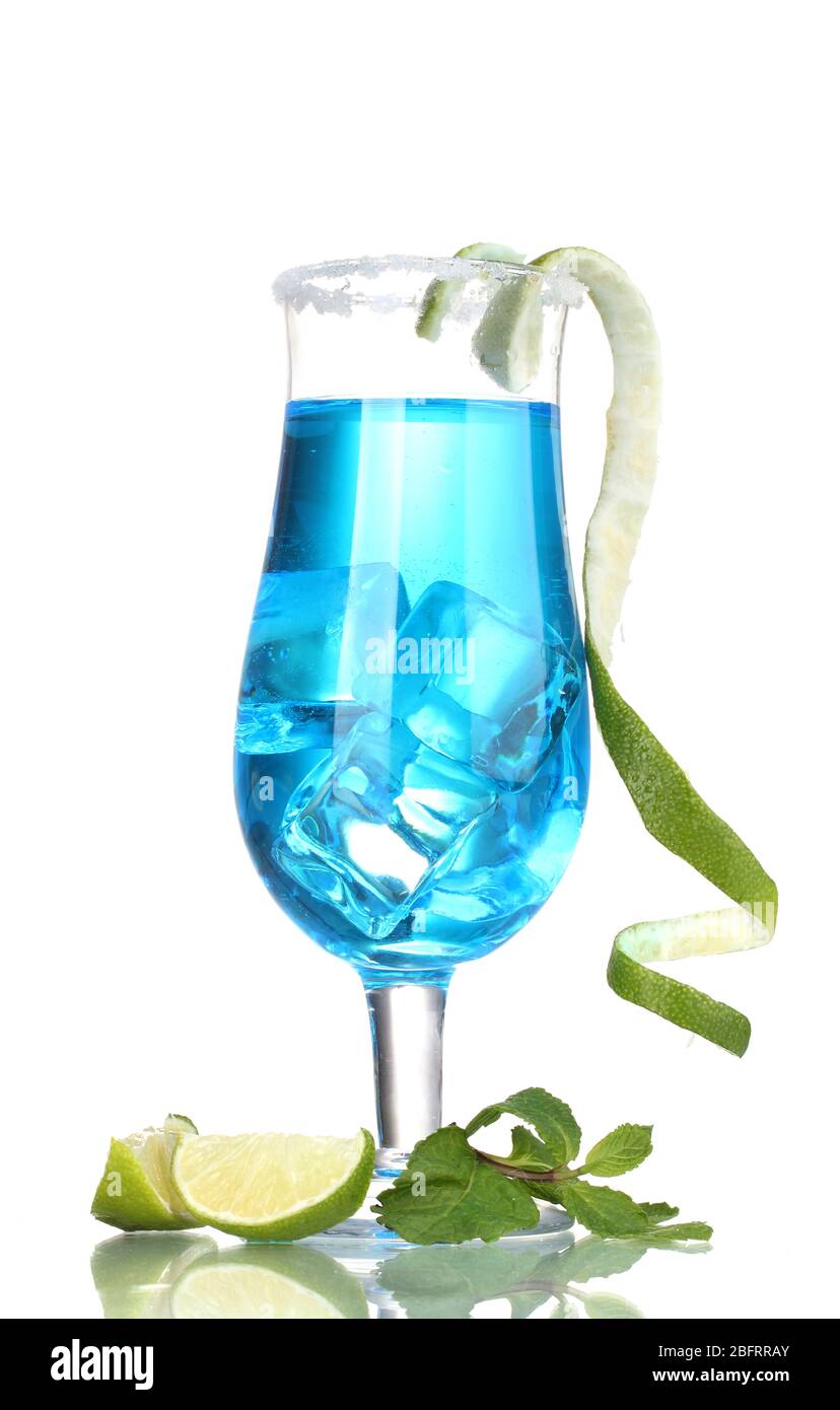 Blue cocktail in glasses with ice and sugar isolated on white Stock