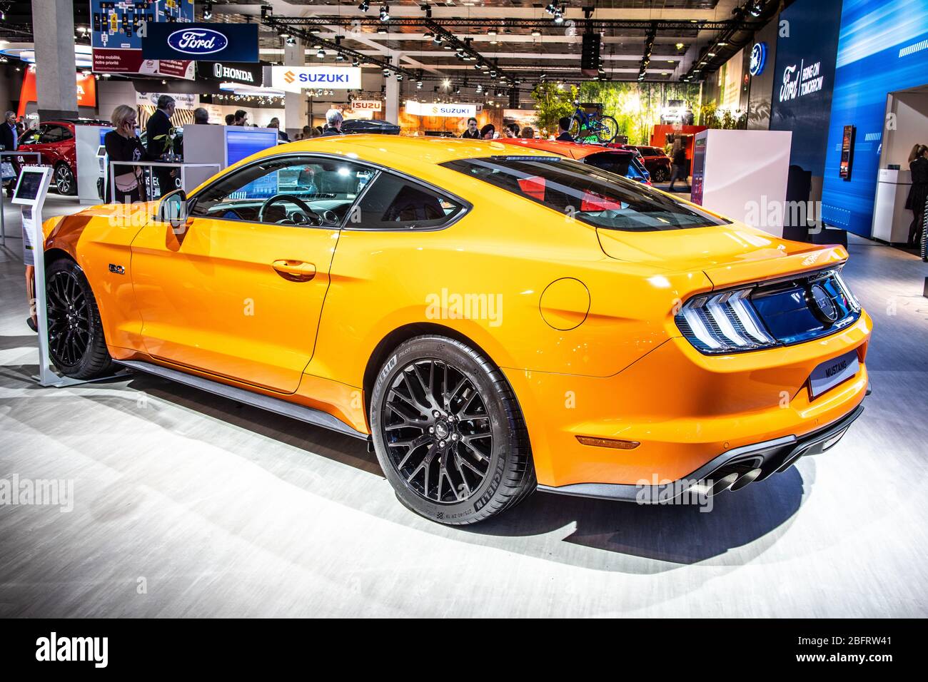 Brussels, Belgium, Jan 09, 2020: metallic yellow Ford Mustang GT at